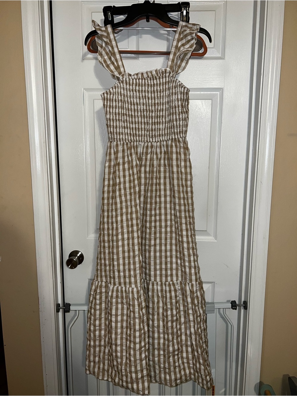 Beige Gingham Smocked Maxi Dress with Flutter Straps - Picture 2 of 2